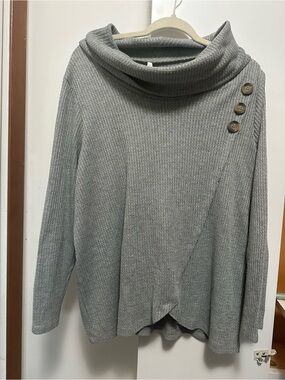 Women's Gray Cowl Neck Sweater with Button Accent